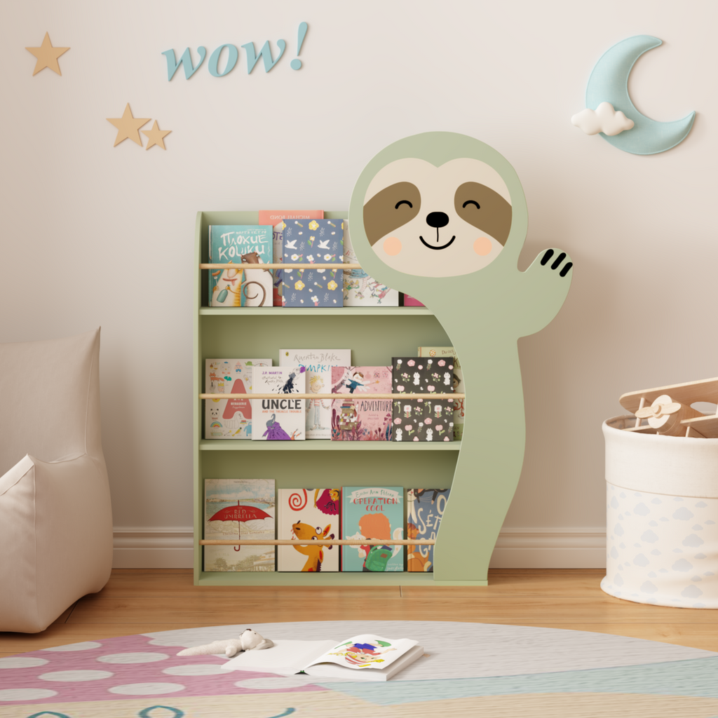 Sloth Kids Bookshelf, Front-Facing Toddler Book Display Rack with 3 Tiers, Cute Animal Design, Wooden Nursery Bookshelf for P