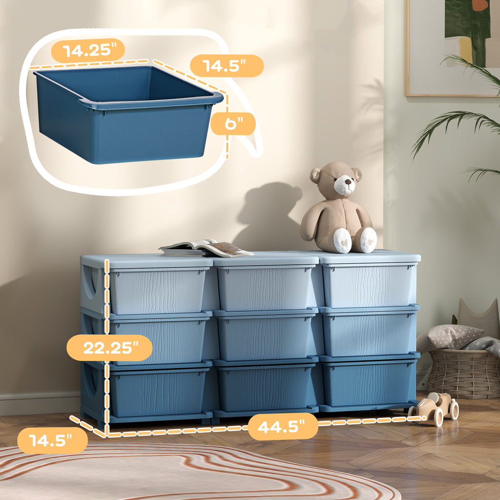 Qaba 3 Tier Kids Storage Unit, 9 Drawer Chest Toy Organizer Plastic Bins for Kids Bedroom Nursery Kindergarten Living Room fo