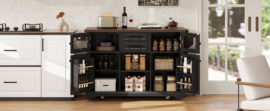 K&K 54.9' Kitchen Island with Drop Leaf, Power Outlet, Kitchen Storage Cart with 4 Door Shelves, Cross Barn Doors & Visual Glass Door, Rolling Kitchen Island on 4 Wheels for Kitchen, Dining Room,Black - Grand Goldman Shop