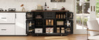 K&K 54.9' Kitchen Island with Drop Leaf, Power Outlet, Kitchen Storage Cart with 4 Door Shelves, Cross Barn Doors & Visual Glass Door, Rolling Kitchen Island on 4 Wheels for Kitchen, Dining Room,Black - Grand Goldman Shop