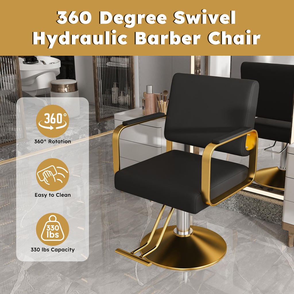 Hydraulic Salon Chair - 360° Swivel Barber Stylist Chair with Pump, Non-Tilting Design in Black and Gold PU Leather - Grand Goldman Shop