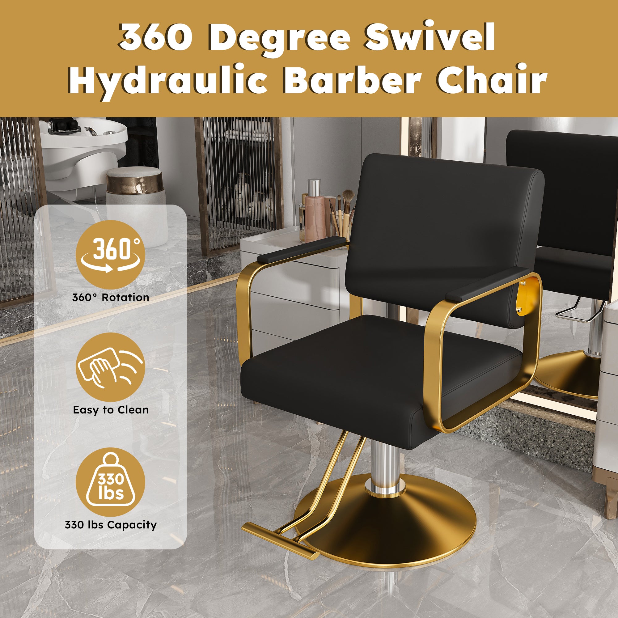 Hydraulic Salon Chair - 360° Swivel Barber Stylist Chair with Pump, Non-Tilting Design in Black and Gold PU Leather - Grand Goldman Shop