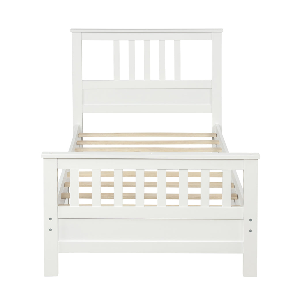 White Pine Wood Platform Bed with Paneled Headboard and Footboard, Twin Size, Solid Wood Frame with 10 Slats - Grand Goldman Shop