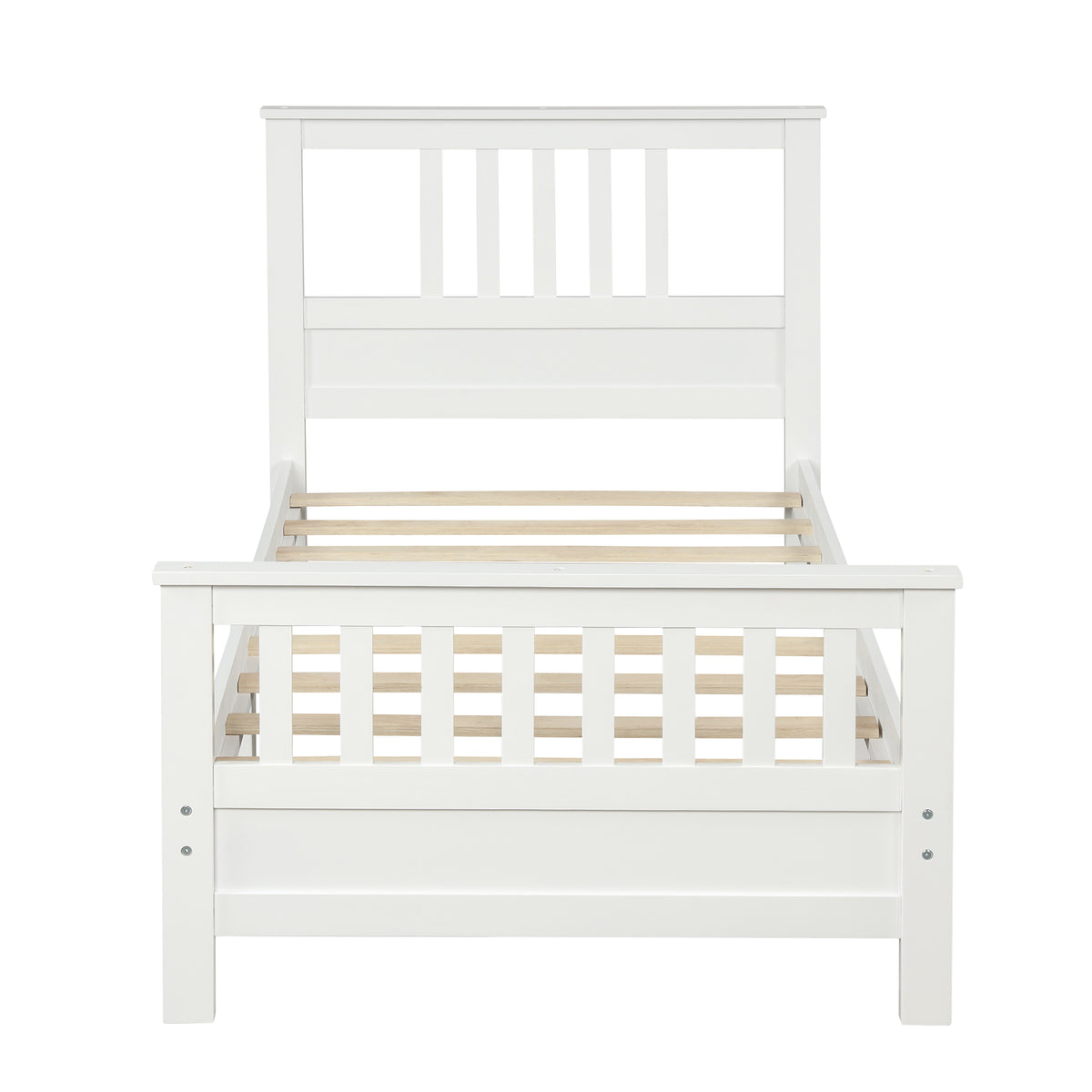 White Pine Wood Platform Bed with Paneled Headboard and Footboard, Twin Size, Solid Wood Frame with 10 Slats - Grand Goldman Shop