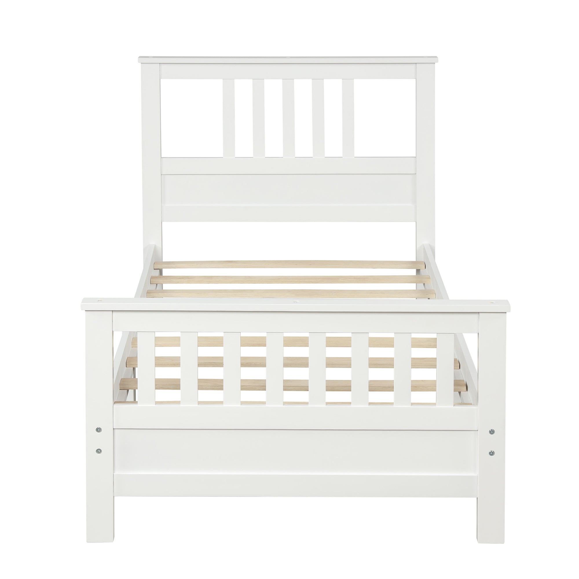 White Pine Wood Platform Bed with Paneled Headboard and Footboard, Twin Size, Solid Wood Frame with 10 Slats - Grand Goldman Shop