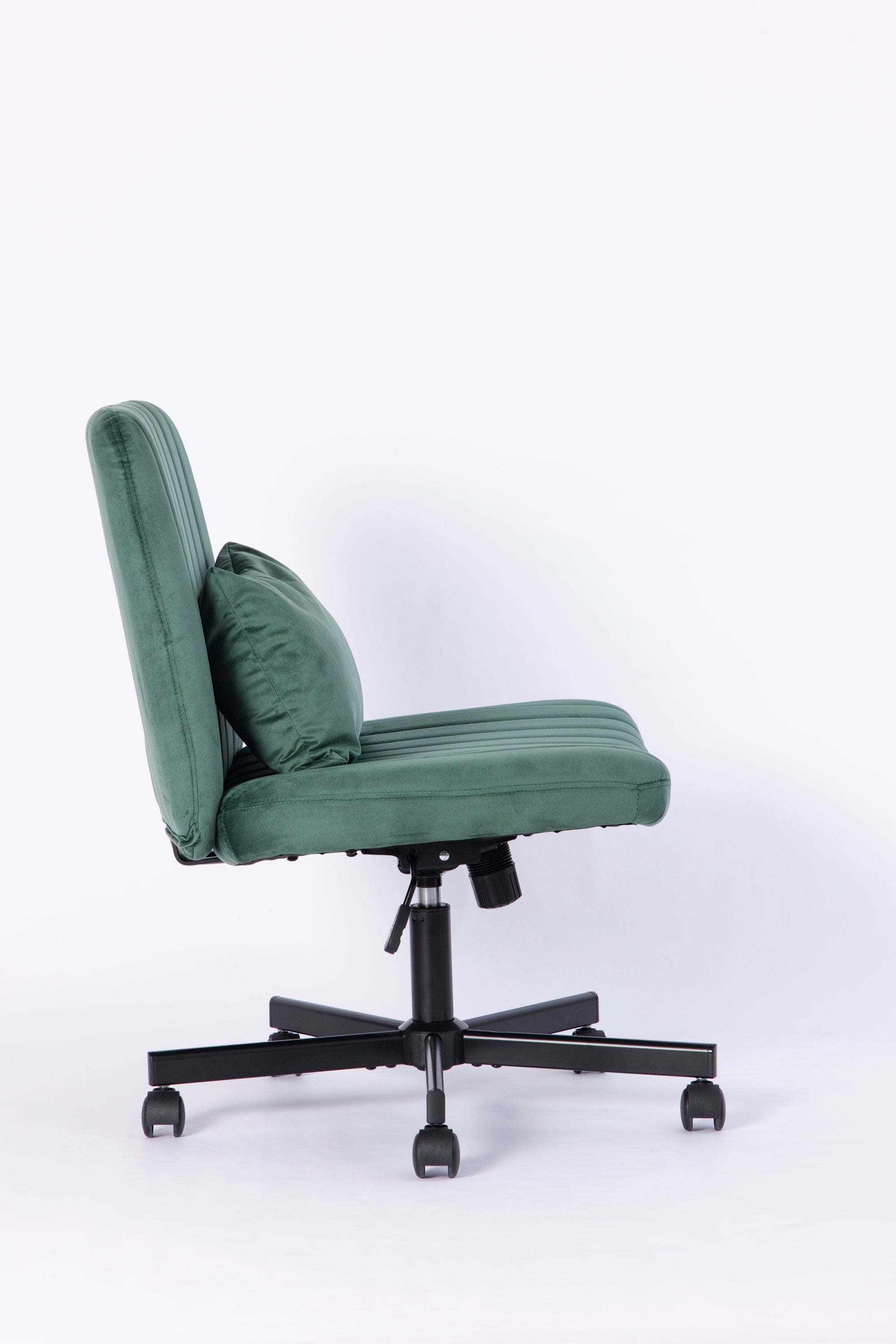 Green Velvet Criss Cross Armless Office Chair with Wheels - Comfortable & Stylish for Home Office, Meditation, and Makeup Use