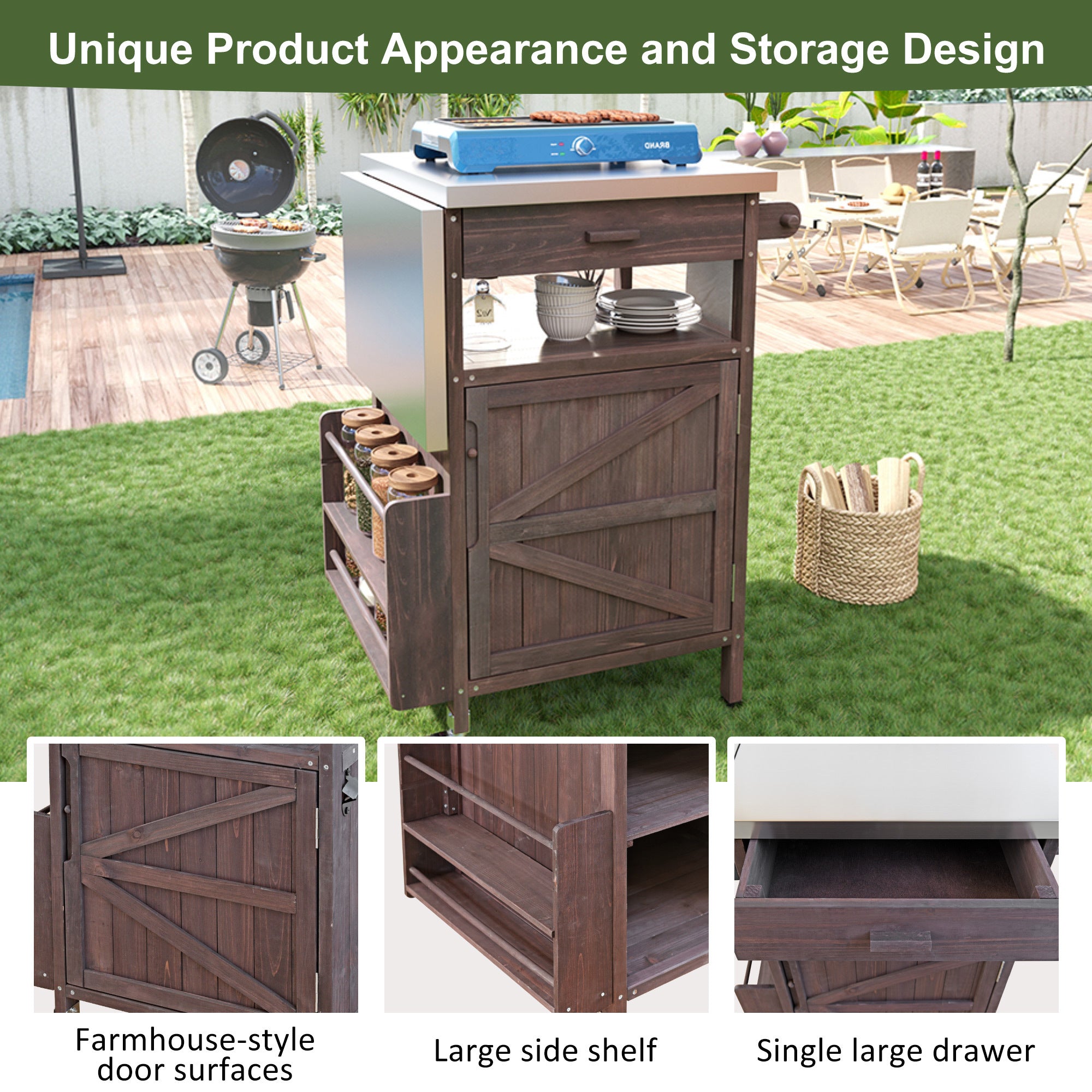 K&K 40.5' Outdoor Grill Cart with Stainless Steel Top, Solid Wood Outdoor Storage Cabinet with Drop Leaf, One Drawer, Towel Rack, Rolling Kitchen Cart with Lockable Wheels for Lawn Garden, Brown - Grand Goldman Shop
