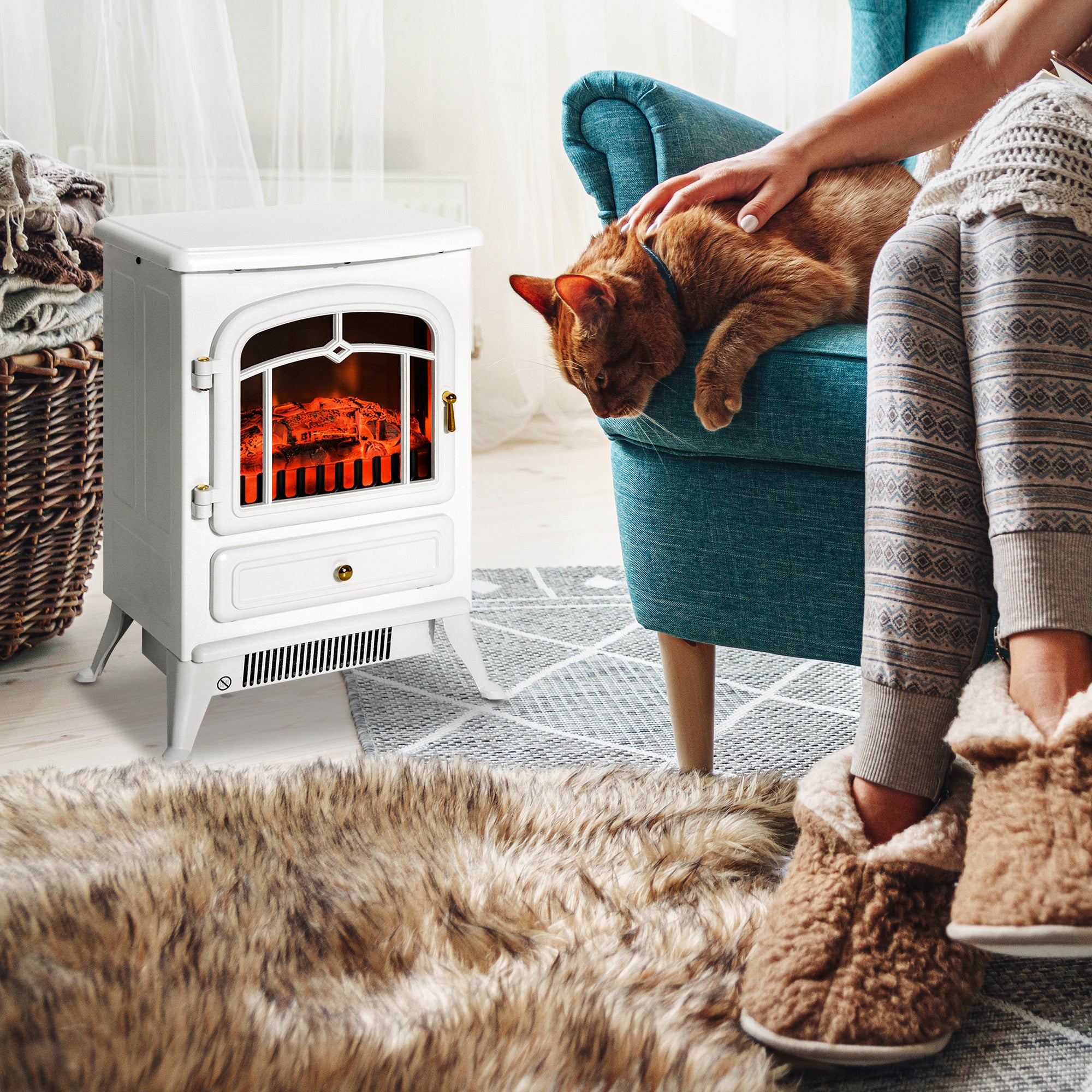 22' Electric Fireplace Heater, Freestanding Fire Place Stove with Realistic LED Flames and Logs, and Overheating Protection, 750W/1500W, White - Grand Goldman Shop