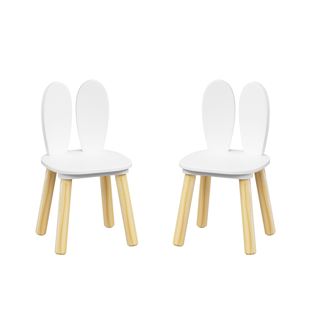 Rabbit Themed Kids Table and 2 Chairs Set, White Solid Wood & MDF Play Table with Rounded Edges, 3-Piece Toddler Furniture fo
