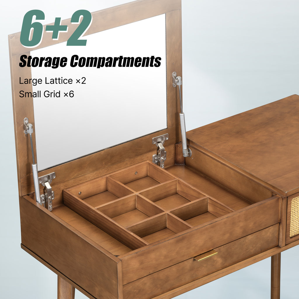 43.3' Classic Wood Makeup Vanity Set with Flip-top Mirror and Stool, Dressing Table with Three Drawers and storage space, Brown - Grand Goldman Shop
