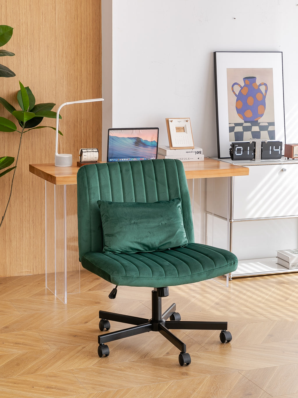 Green Velvet Criss Cross Armless Office Chair with Wheels - Comfortable & Stylish for Home Office, Meditation, and Makeup Use