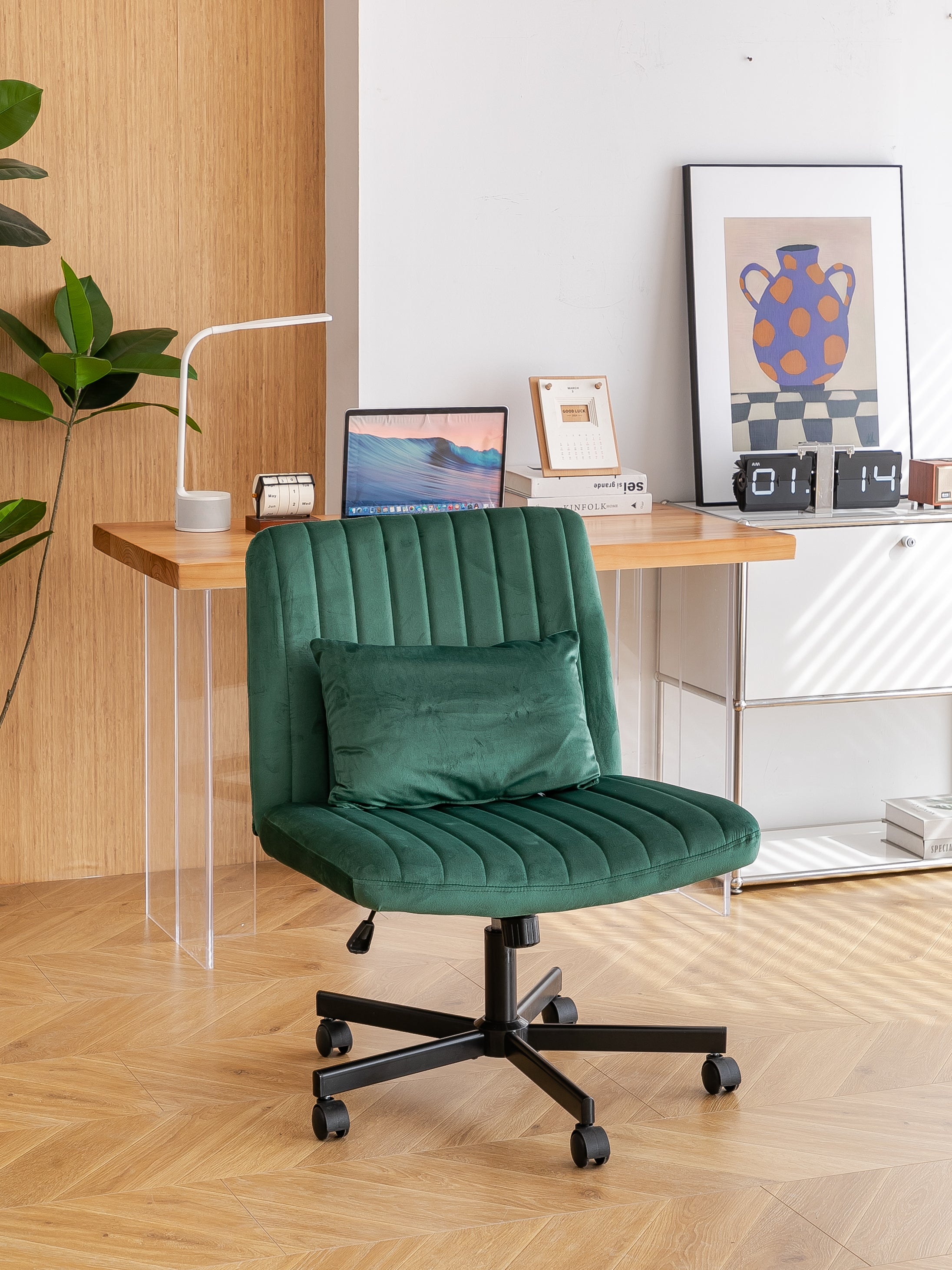 Green Velvet Criss Cross Armless Office Chair with Wheels - Comfortable & Stylish for Home Office, Meditation, and Makeup Use