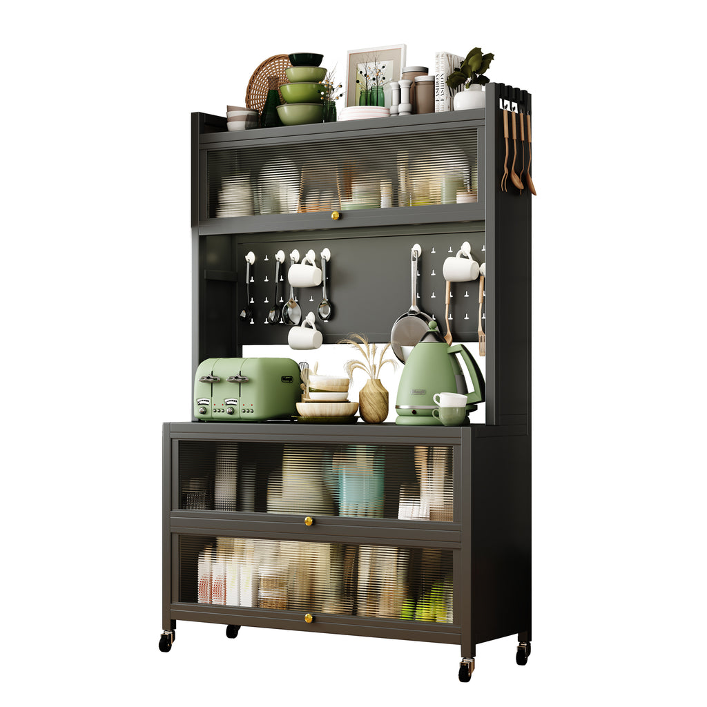 65'' Tall Kitchen Bakers Rack with Flip Door Cabinet, 5 Tier Multifunctional Microwave Stand Buffet, Coffee Bar, Quick Assembly, Gray - Grand Goldman Shop