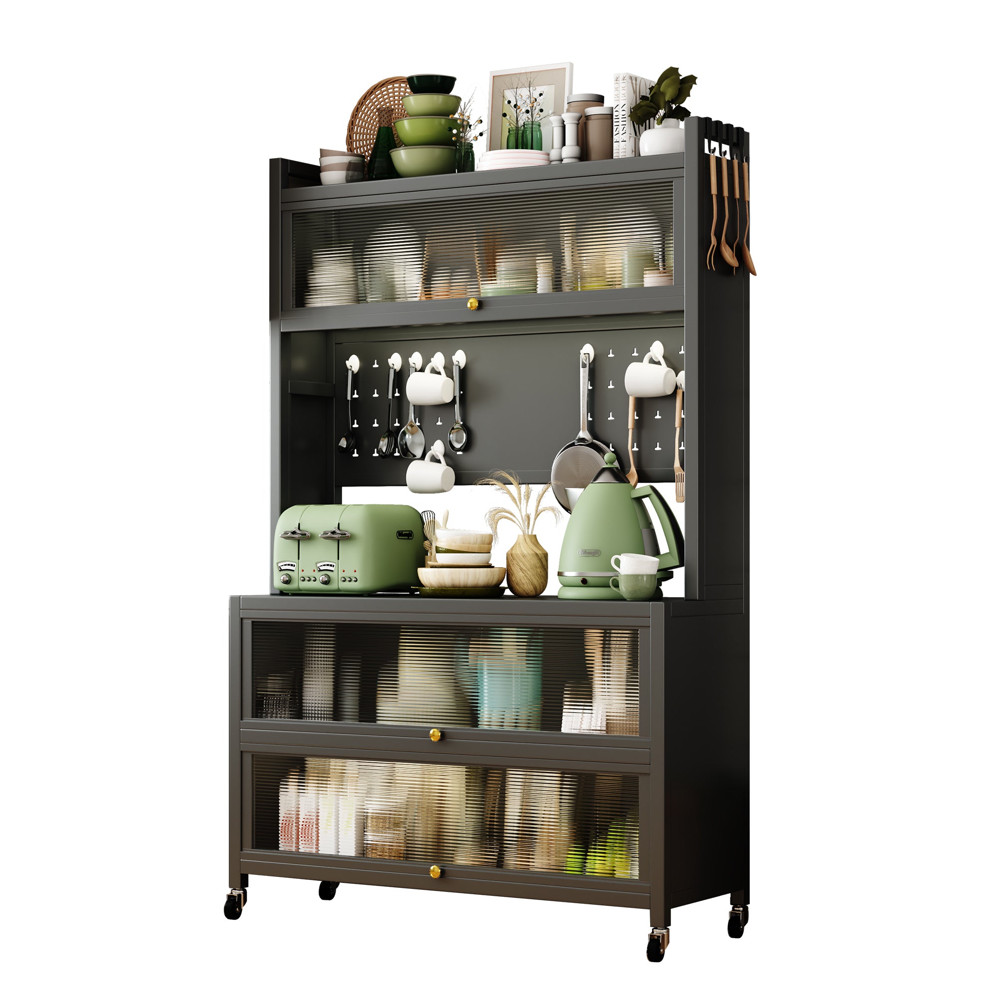 65'' Tall Kitchen Bakers Rack with Flip Door Cabinet, 5 Tier Multifunctional Microwave Stand Buffet, Coffee Bar, Quick Assembly, Gray - Grand Goldman Shop