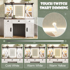 43.3' Farmhouse Makeup Vanity Desk with Lighted Mirror, Vanity Table Set with Charging Station, Dressing Table with Sliding Barn Door Hidden Shelves & 3 Drawers & 4 Cabinets, Beige - Grand Goldman Shop