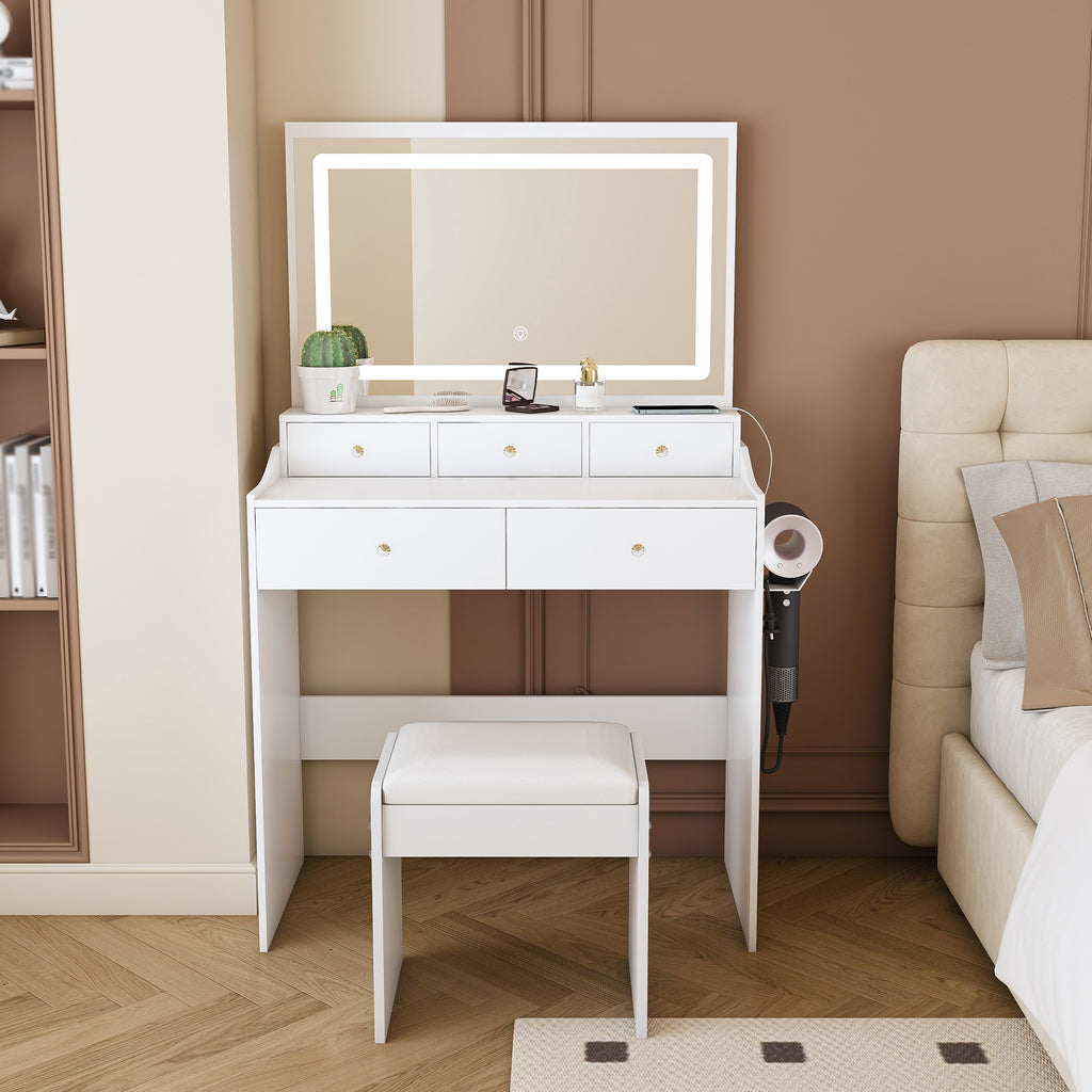 Modern White Vanity Desk with Large Mirror, Power Outlet & Hair Dryer Holder, Adjustable Lighting, 5 Drawers - Grand Goldman Shop