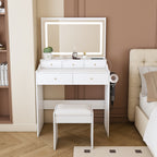 Modern White Vanity Desk with Large Mirror, Power Outlet & Hair Dryer Holder, Adjustable Lighting, 5 Drawers - Grand Goldman Shop