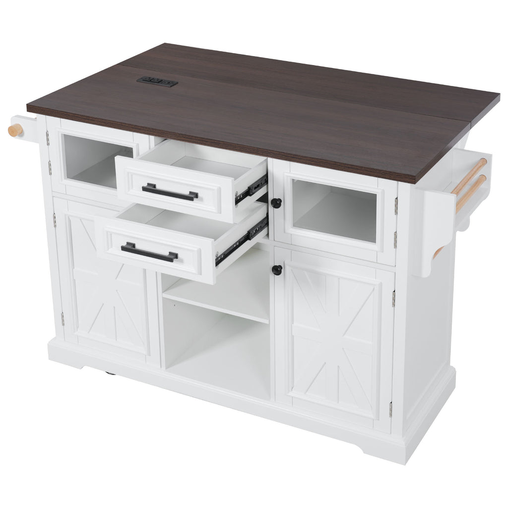 K&K 54.9' Kitchen Island with Drop Leaf, Power Outlet, Kitchen Storage Cart with 4 Door Shelves, Cross Barn Doors & Visual Glass Door, Rolling Kitchen Island on 4 Wheels for Kitchen, Dining Room,White - Grand Goldman Shop