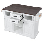 K&K 54.9' Kitchen Island with Drop Leaf, Power Outlet, Kitchen Storage Cart with 4 Door Shelves, Cross Barn Doors & Visual Glass Door, Rolling Kitchen Island on 4 Wheels for Kitchen, Dining Room,White - Grand Goldman Shop