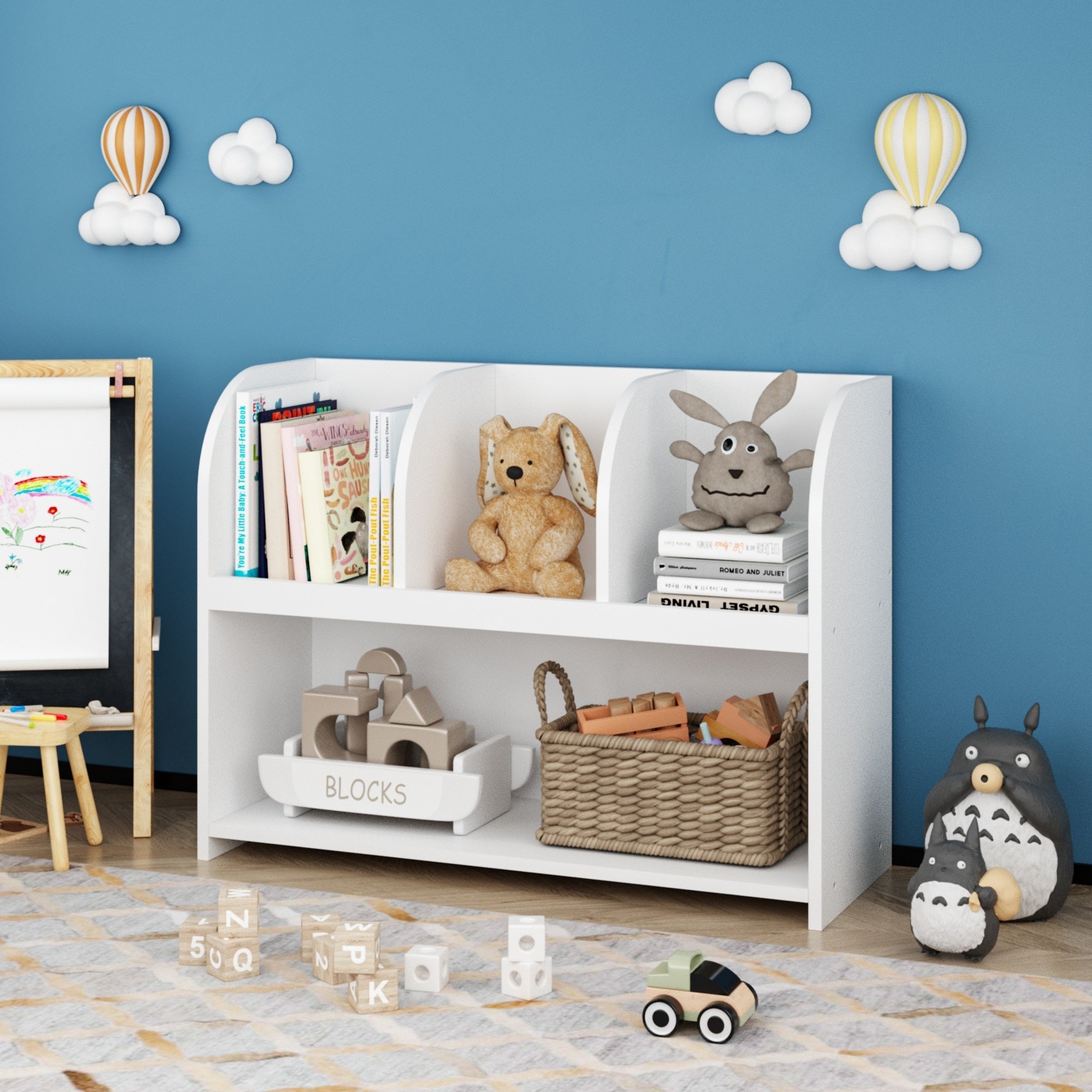 Kids Bookcase with 4 Compartments, White MDF Storage Shelf for Toys and Books, 31.5 x 11.8 x 23.6 inches - Grand Goldman