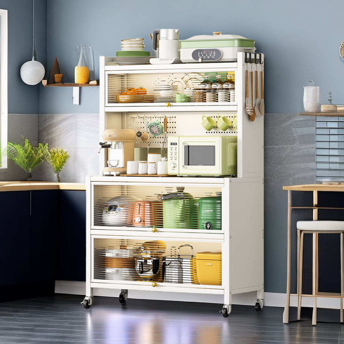 65'' Tall Kitchen Bakers Rack with Flip Door Cabinet, 5 Tier Multifunctional Microwave Stand Buffet, Coffee Bar, Kitchen Pantry Storage Cabinet Shelf, Quick Assembly, White - Grand Goldman Shop