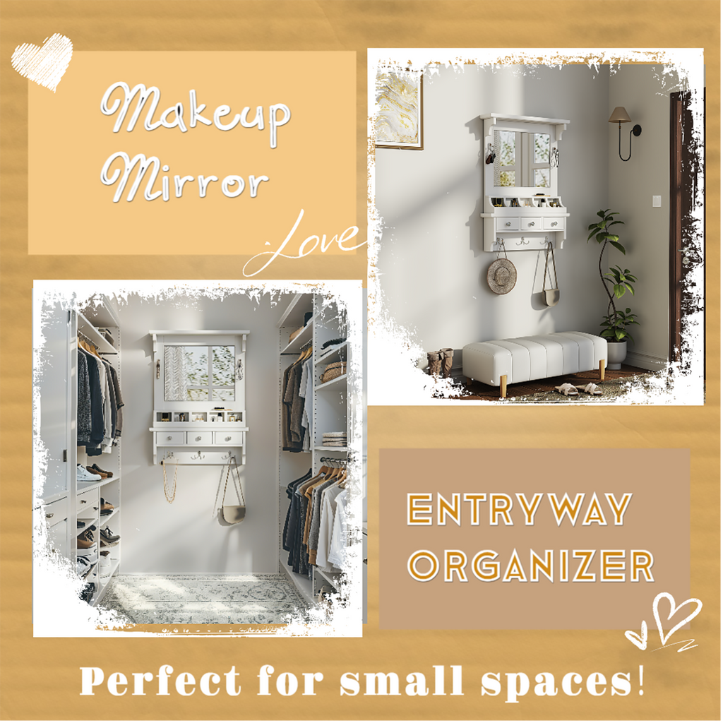 Floating Makeup Vanity with Big Mirror, Wall-Mounted Storage Vanity with Drawers, Pockets & Hooks, Space-Saving Decorative Home Organizer, White, Engineered Wood, 23.8 x 6.1 x 31.8 inches - Grand Goldman Shop