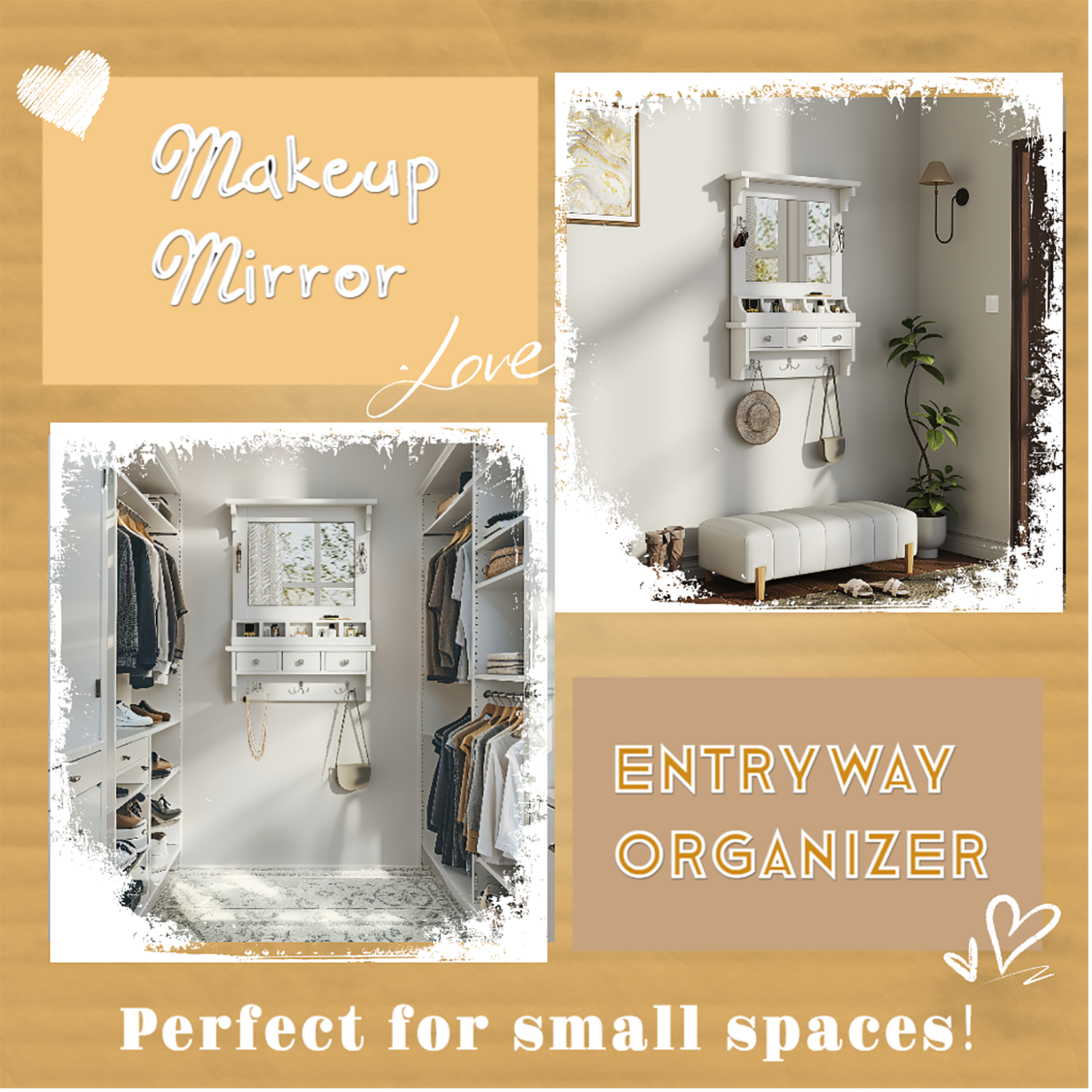 Floating Makeup Vanity with Big Mirror, Wall-Mounted Storage Vanity with Drawers, Pockets & Hooks, Space-Saving Decorative Home Organizer, White, Engineered Wood, 23.8 x 6.1 x 31.8 inches - Grand Goldman Shop