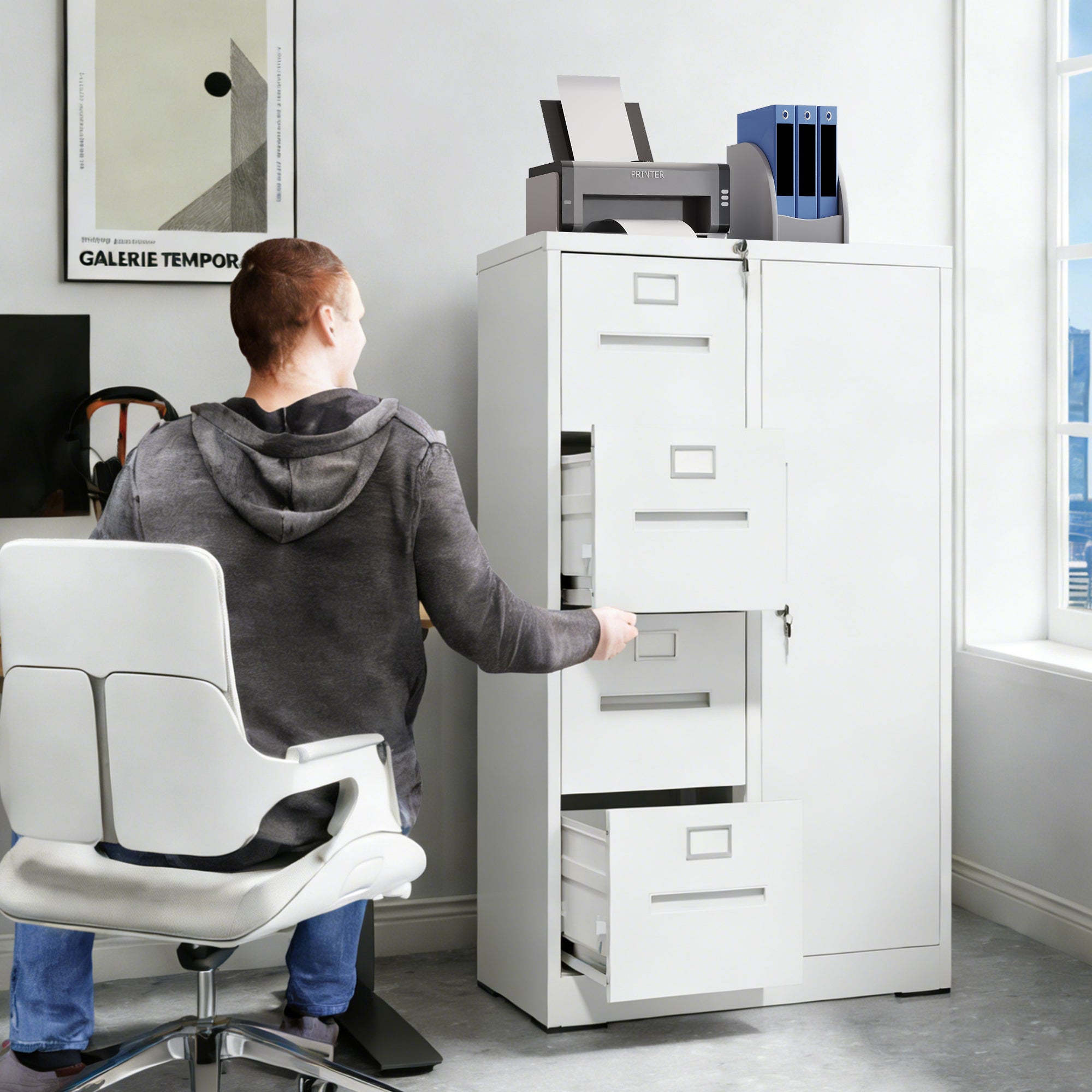 Metal Storage Vertical Filing Cabinet with Lock, Steel File Locker with 4 Drawers and 1 door for School, Living Room, Bedroom