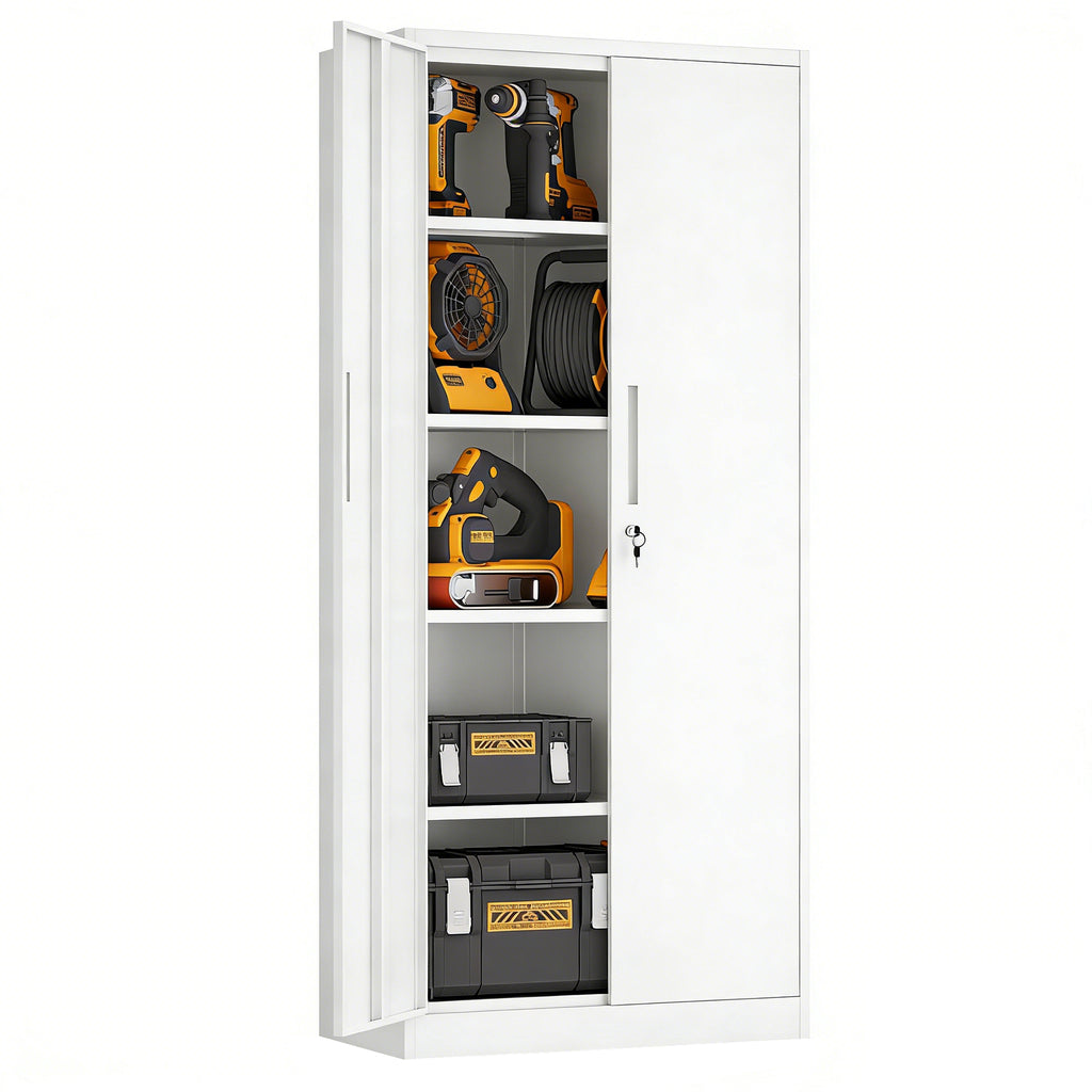 71'H Metal Garage Storage Cabinet, White Tool Steel Locking Cabinet with Doors and 4 Adjustable Shelves, Tall Cabinets for Ga