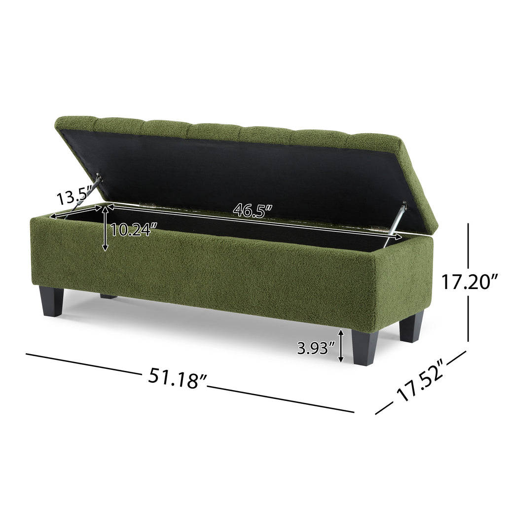 Ottoman Bench with Storage, Green Boucle Surface, Rubber Wood Legs, 300 lbs Capacity - Grand Goldman Shop