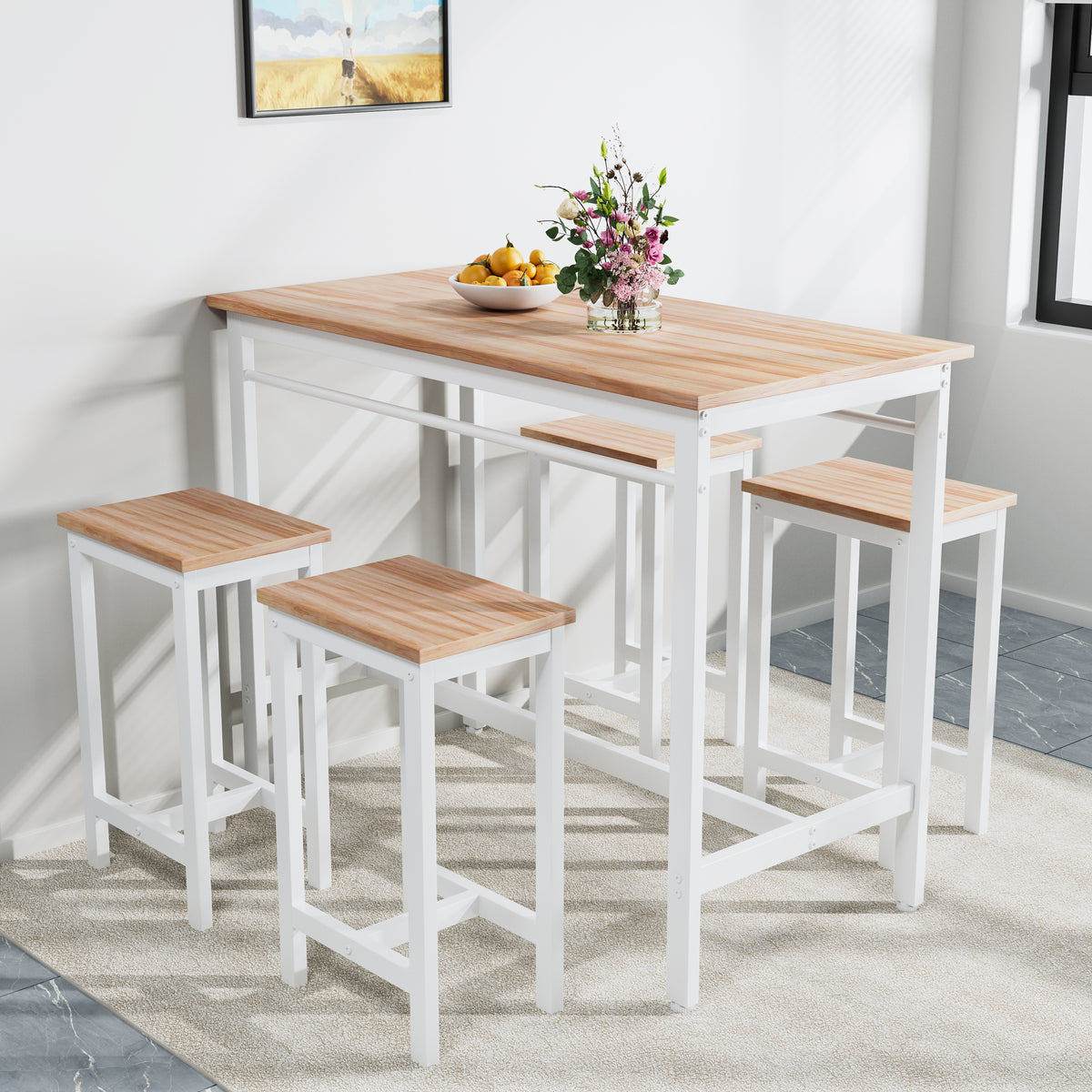 5-piece modern kitchen table with four bar stools Bar table set 5PC,metal frame and MDF, white oak,47.5'' L x 23.7'' W x 35.5'' H. - Grand Goldman Shop