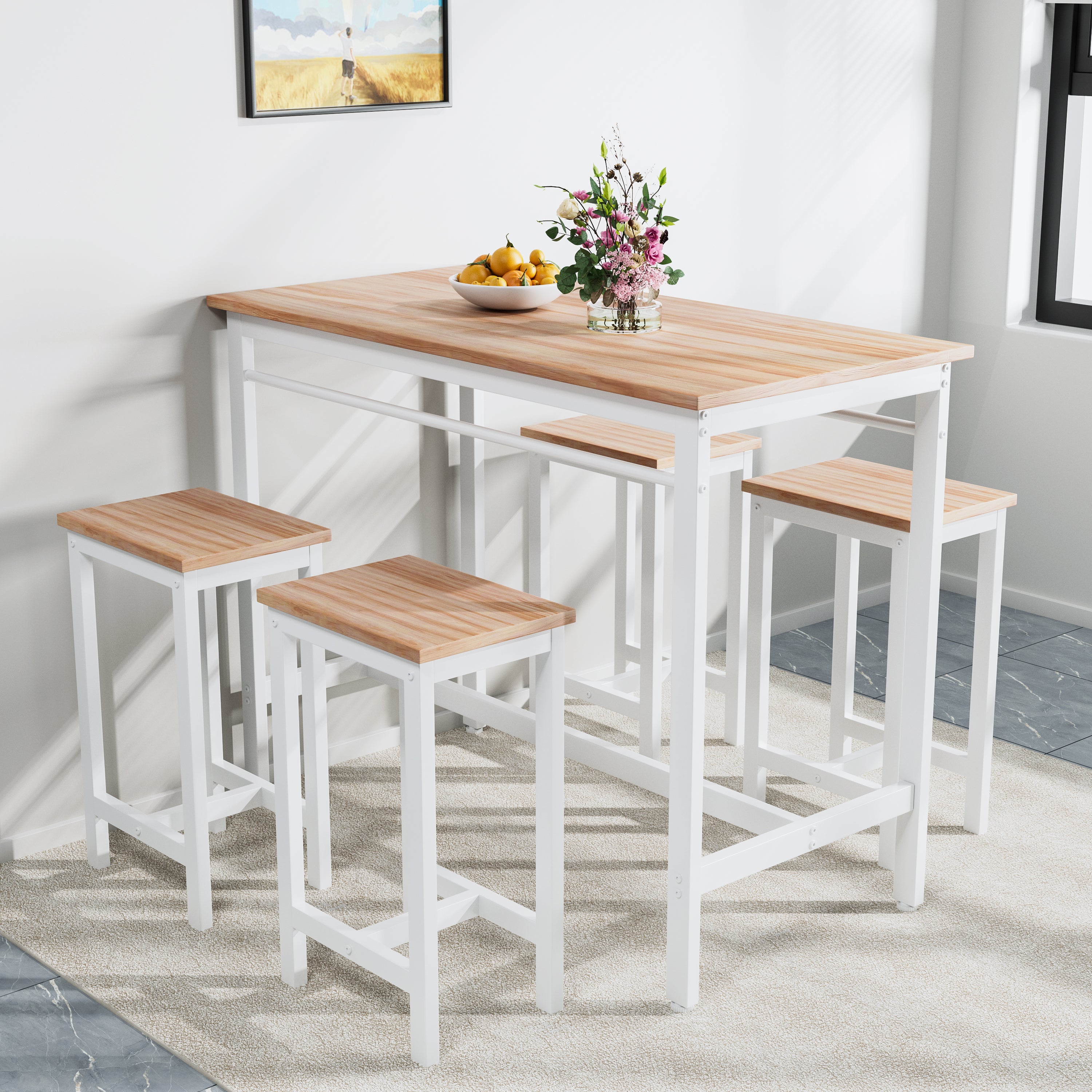 5-piece modern kitchen table with four bar stools Bar table set 5PC,metal frame and MDF, white oak,47.5'' L x 23.7'' W x 35.5'' H. - Grand Goldman Shop