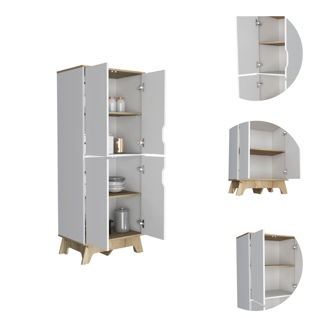 Pamplona Double Kitchen Pantry, Double Door, Four Legs, Four Shelves -Light Oak / White | Premium Home Decor - Grand Goldman