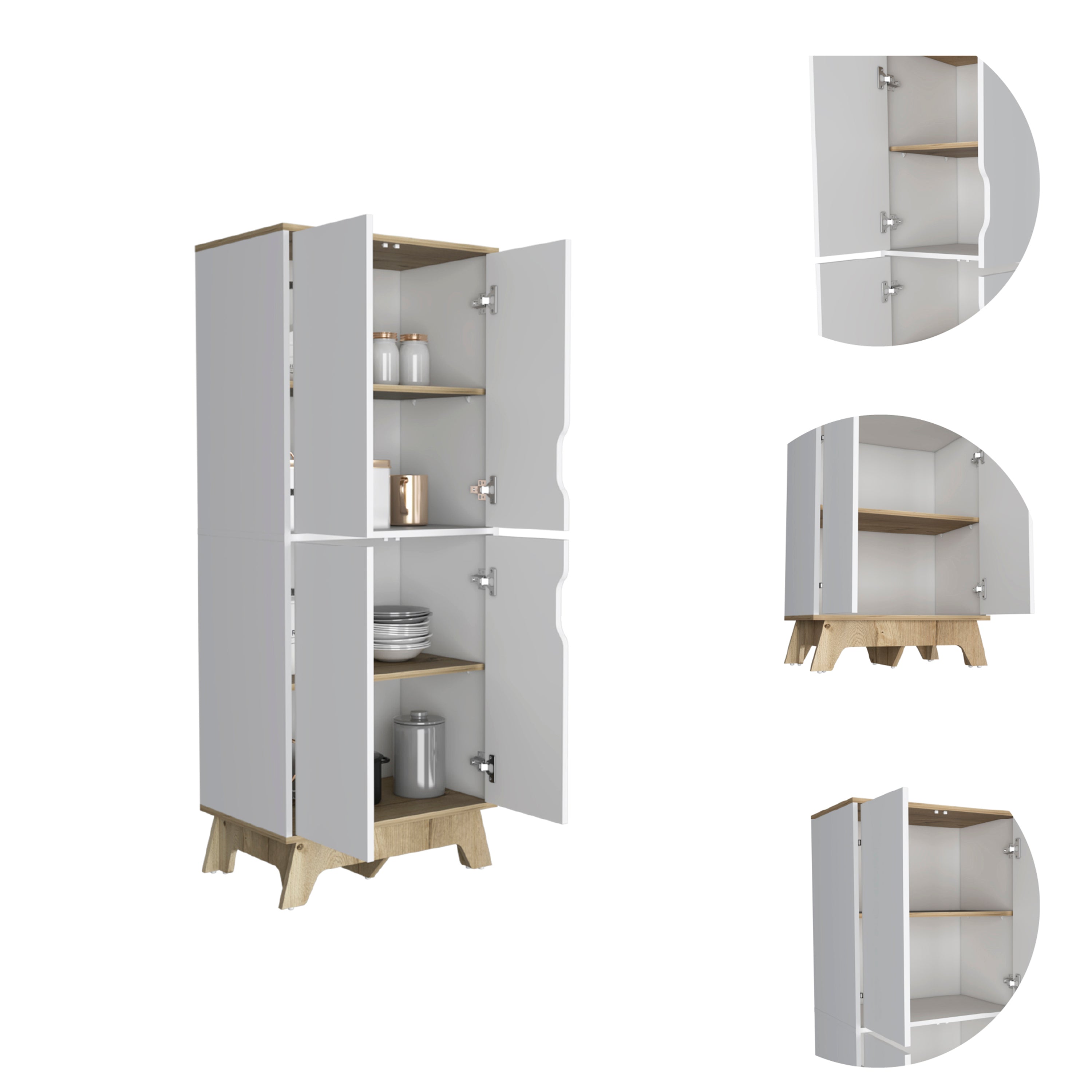Pamplona Double Kitchen Pantry, Double Door, Four Legs, Four Shelves -Light Oak / White | Premium Home Decor - Grand Goldman