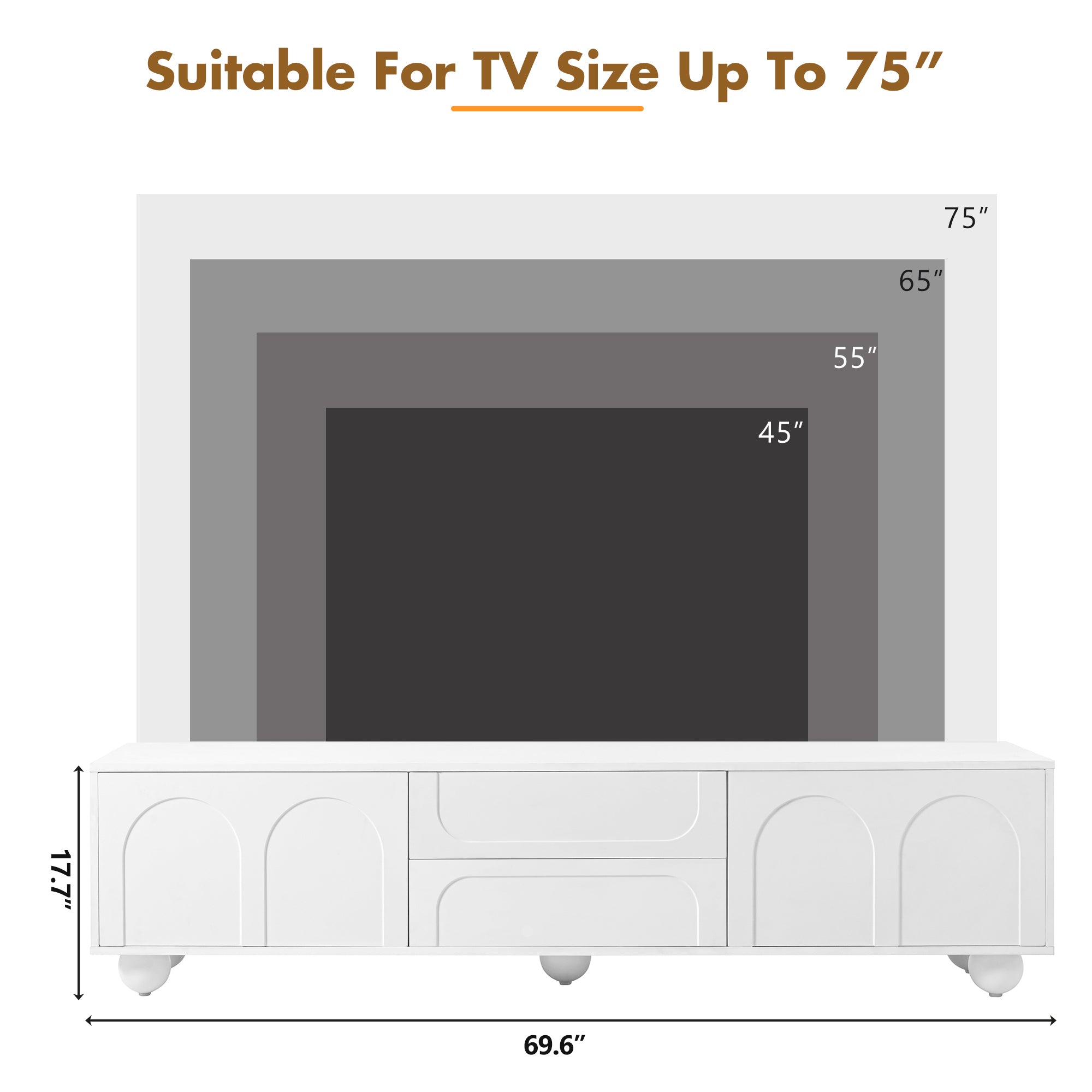 ON-TREND Cream Style TV Stand with Arched Doors & 2 Drawers for TVs up to 75', Minimalist Media Console with Rebound Device, Entertainment Center with 5 Iron Round Legs for Living Room, Bedroom, White - Grand Goldman Shop