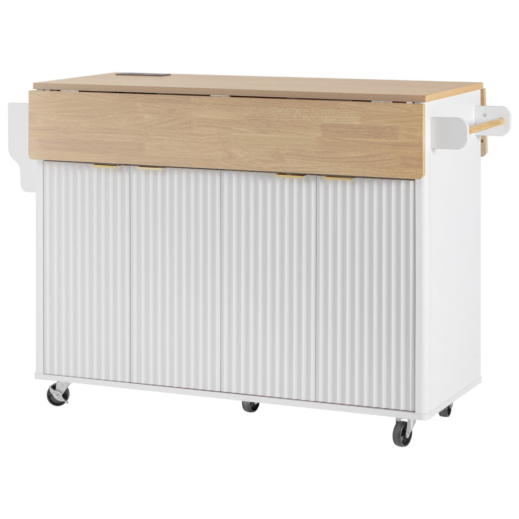 K&K 55.5' Fluted Kitchen Island with 2 Drop Leaf, Kitchen Storage Cart with Power Outlet, 4 Doors, Spice rack, Rolling Island Table with Wood-grain Top, Curved Edge for Kitchen, Dining Room,White - Grand Goldman Shop