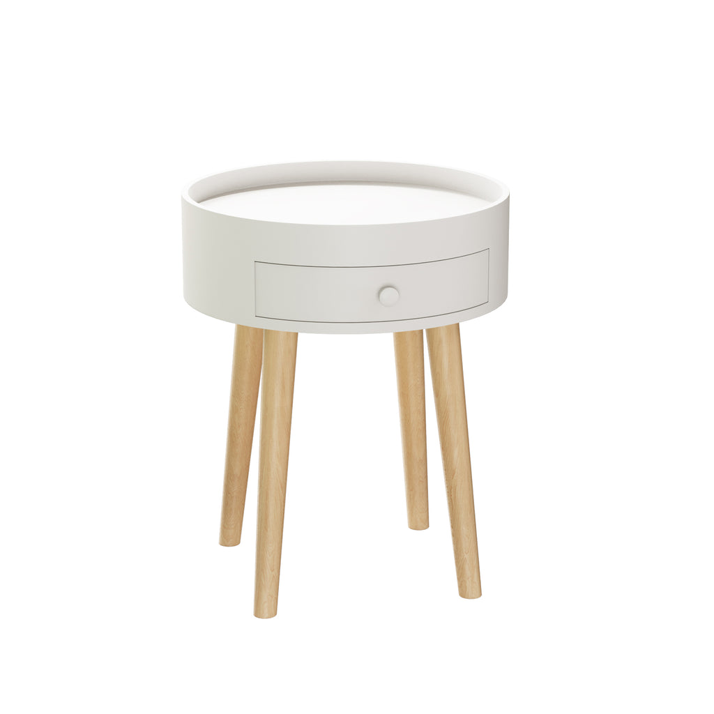 Modern White Nightstand with Storage Drawer & Oak Legs, 18' Bedside Table for Bedroom or Living Room, MDF Construction - Grand Goldman Shop
