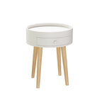 Modern White Nightstand with Storage Drawer & Oak Legs, 18' Bedside Table for Bedroom or Living Room, MDF Construction - Grand Goldman Shop