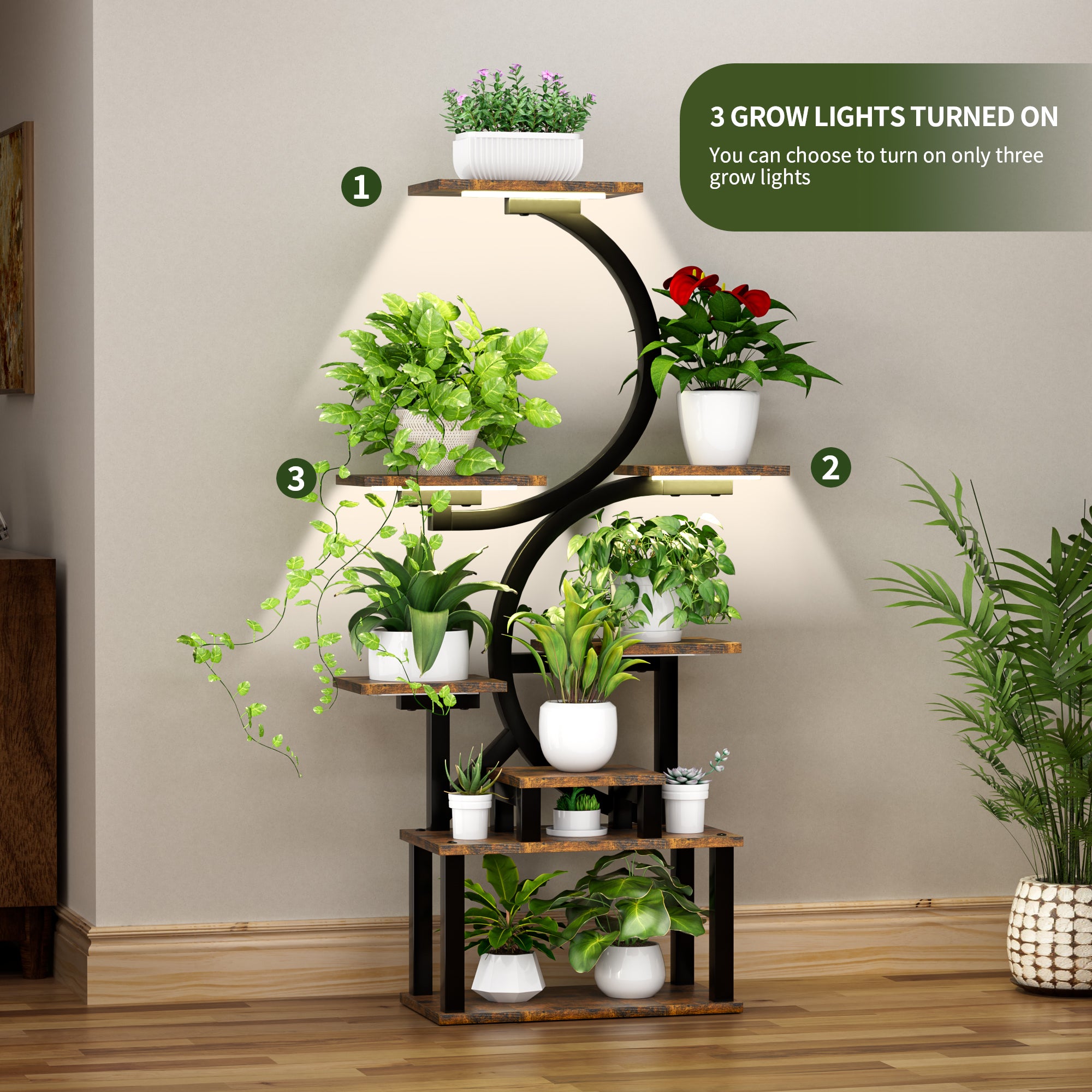 8-Tier Indoor Plant Stand with 5 Grow Lights, Rustic Brown MDF+Metal, 10-Level Dimming, 62-Inch Tall for Living Room or Garden - Grand Goldman Shop