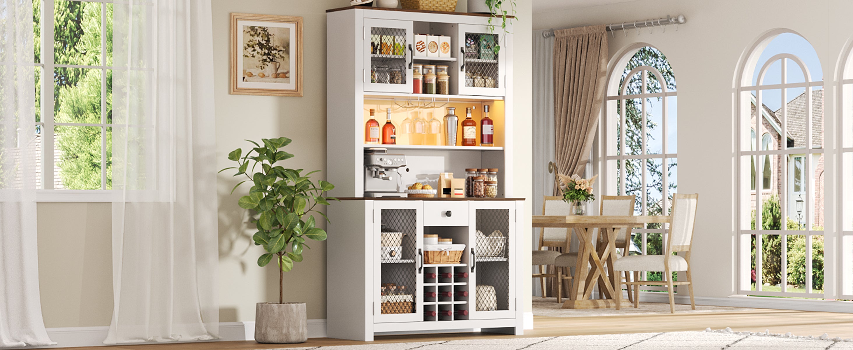 70.9' Kitchen Pantry Storage Cabinet Rustic Buffet Cabinet, Kitchen Hutch Cabinet with LED Outlets Food Pantry Cabinet with Doors and Shelves Wine Rack for Dining Room, White - Grand Goldman Shop