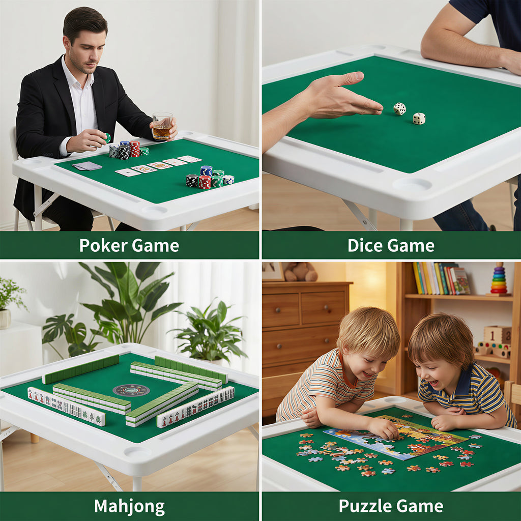 Square Folding Card Table, Mahjong Table with Green Felt,Chip Trays and Cup Holders, Portable Domino Tables for 4 Players, Ca