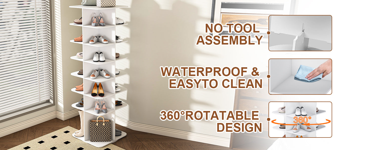 7-Tier Square Rotating Shoe Rack Tower with 360° Spinning Organizer, White - Grand Goldman Shop