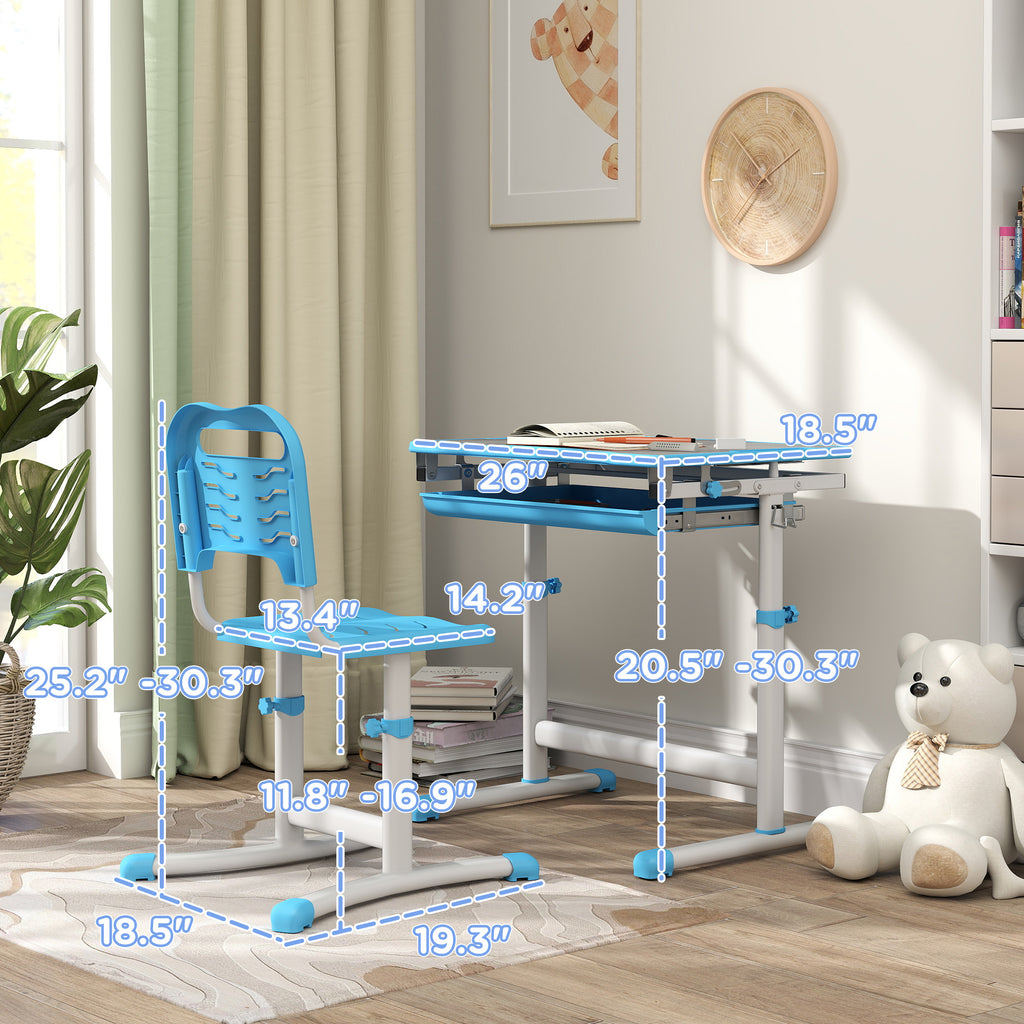 Qaba Kids Desk and Chairs Set, Height Adjustable Children School Study Desk with Tilt Desktop, Storage Drawer, Pen Slot, Hook