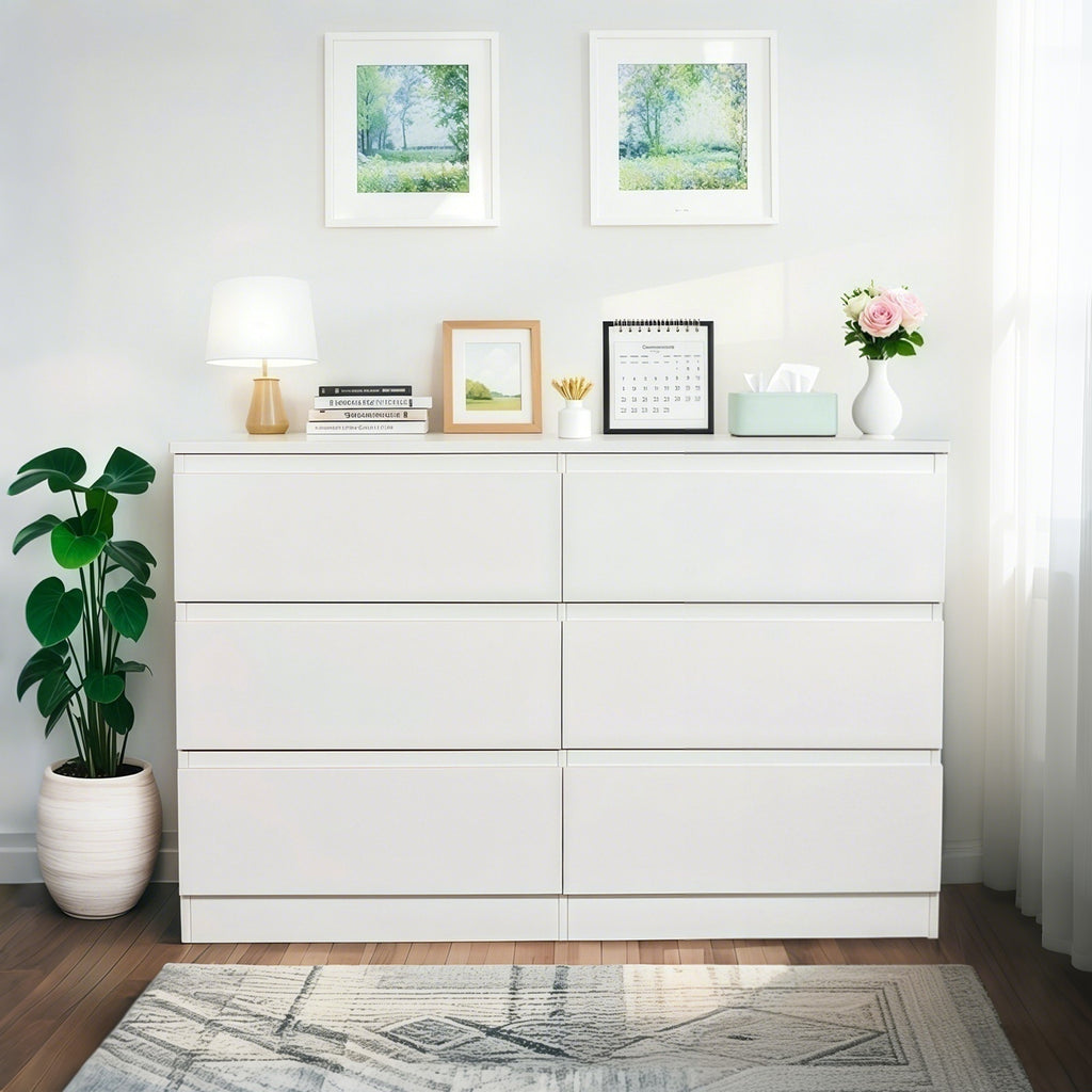 Modern 6 Drawer Dresser with Spacious Countertop and Concealed Handles, Storage Cabinet for Bedroom and Living Room, White MDF - Grand Goldman Shop