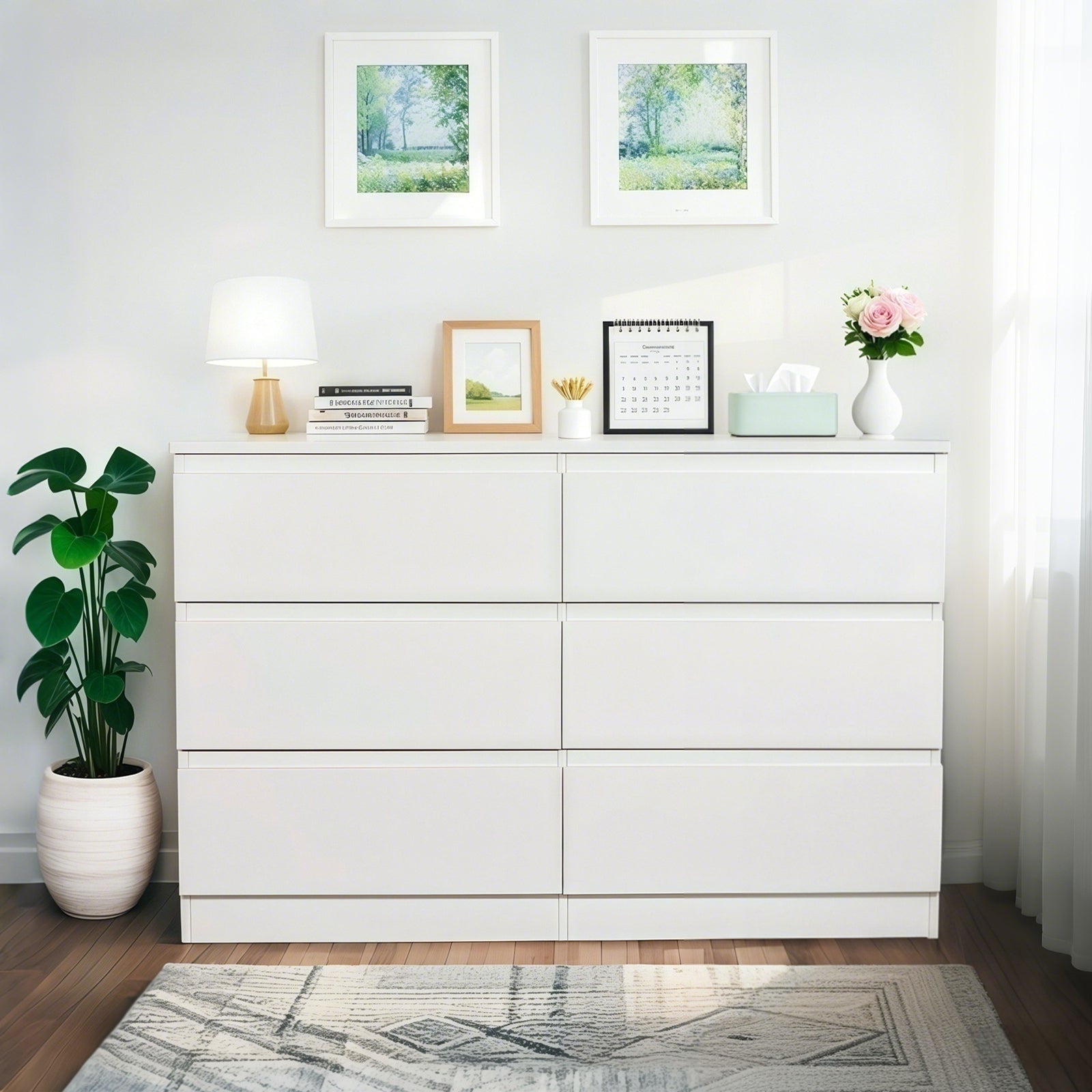Modern 6 Drawer Dresser with Spacious Countertop and Concealed Handles, Storage Cabinet for Bedroom and Living Room, White MDF - Grand Goldman Shop