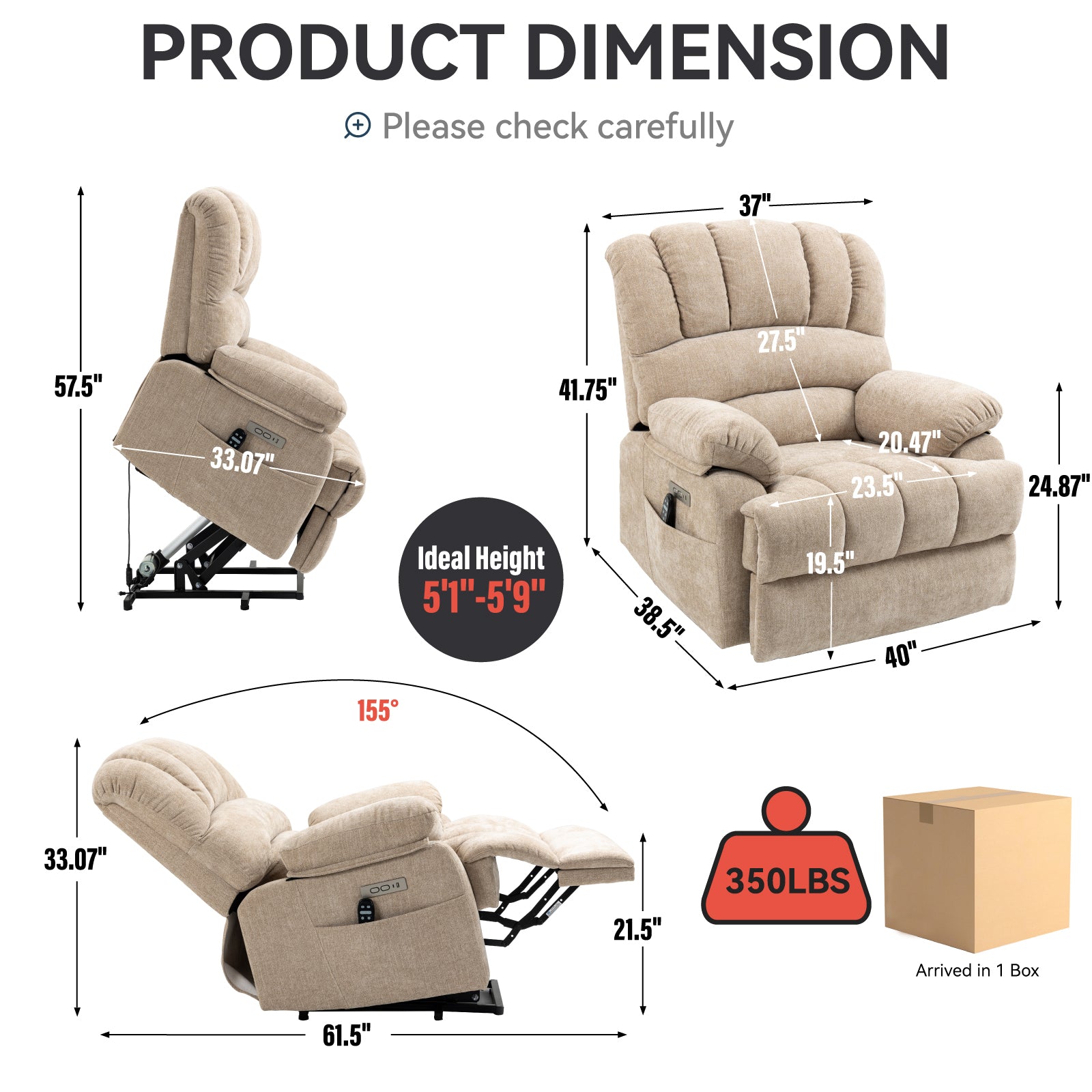 23' Seat Width and High Back Large Size Beige Chenille Power Lift Recliner Chair with 8-Point Vibration Massage and Lumbar Heating - Grand Goldman Shop