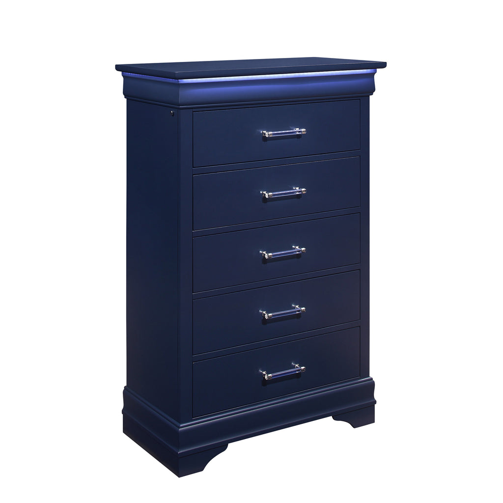 Charlston Sleigh Style 5-Piece Bedroom Set with LED Headboard in Blue Solid Wood and MDF - Grand Goldman Shop