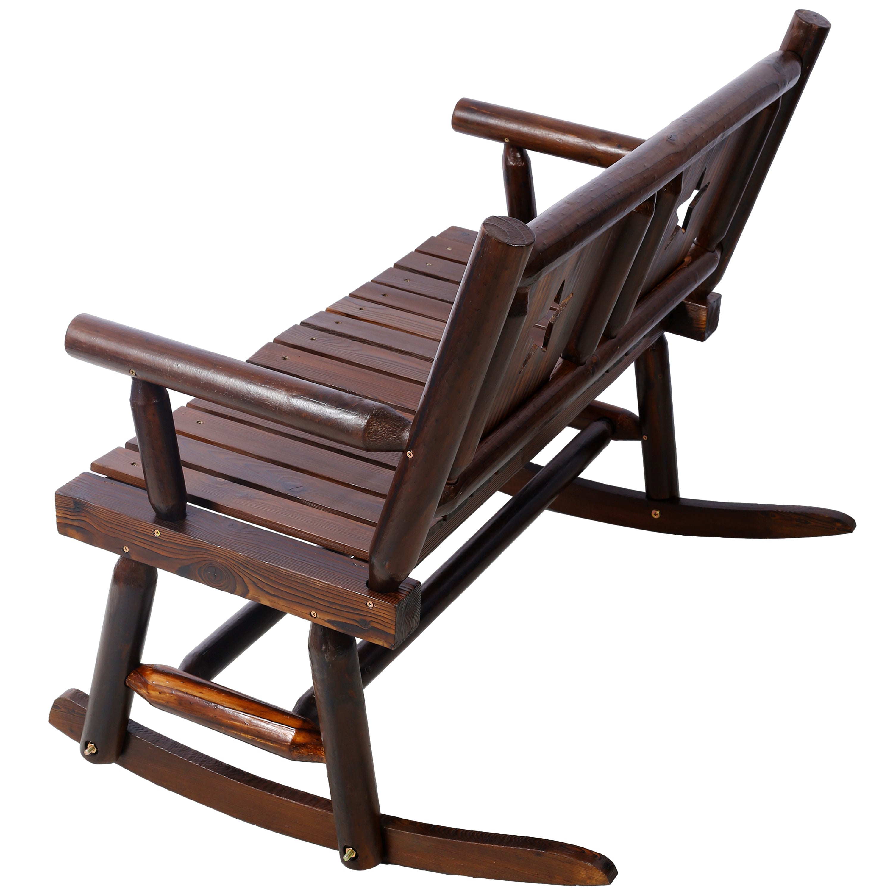 Outdoor Wood Rocking Bench Carbonized Double Rocking Chair for 2 Persons with Wide Curved Seat, Porch Rocker for Porch, Garden, Backyard, Rustic Brown - Grand Goldman Shop
