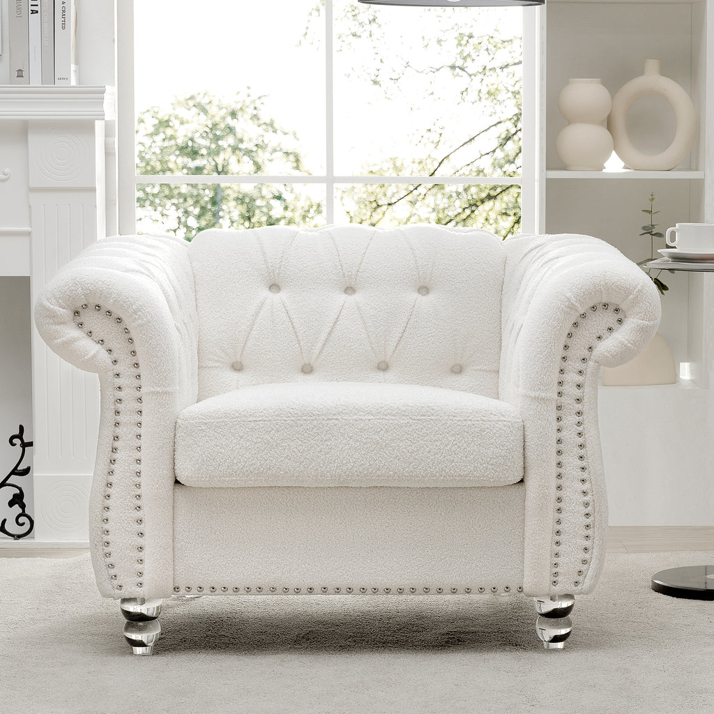 Modern Teddy Velvet 1 Seater Sofa for Living Room, White, Acrylic Legs, 38.98'W x 32.09'D x 28.35'H - Grand Goldman Shop