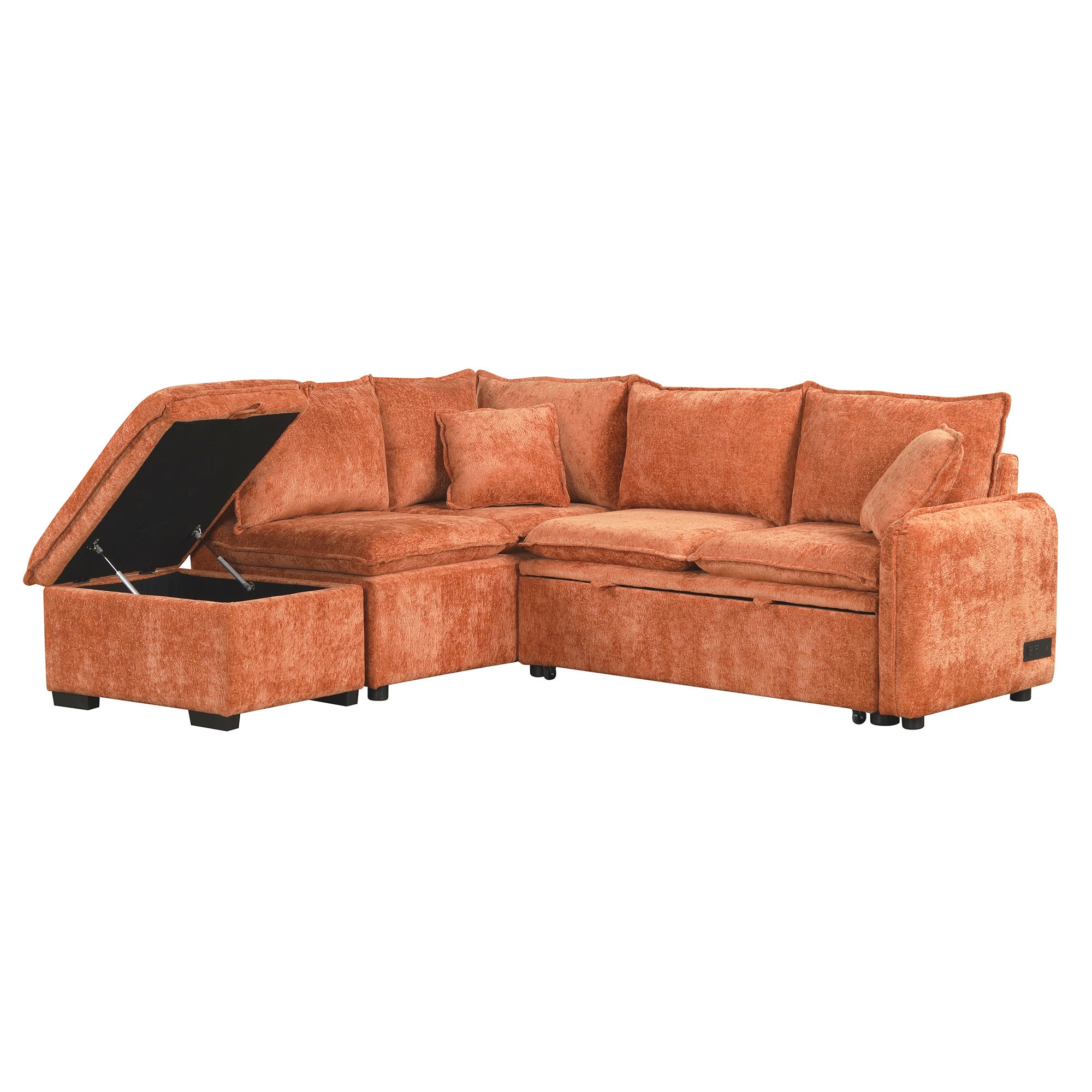Convertible L-shaped Sofa Bed with Storage Ottoman, Power Sockets & USB Ports, Orange Chenille, 82.67' - Grand Goldman Shop